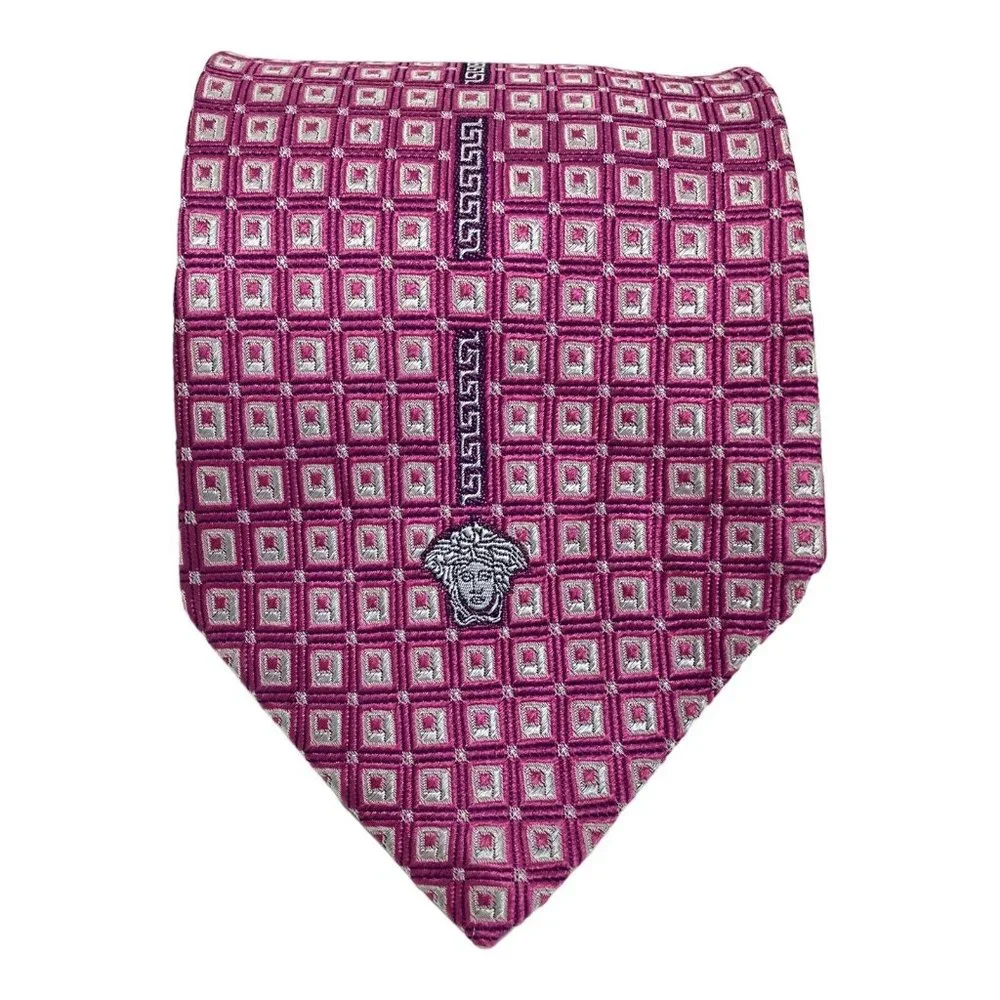 VERSACE Pink Geometric With Logo Silk Tie Made In Italy 58